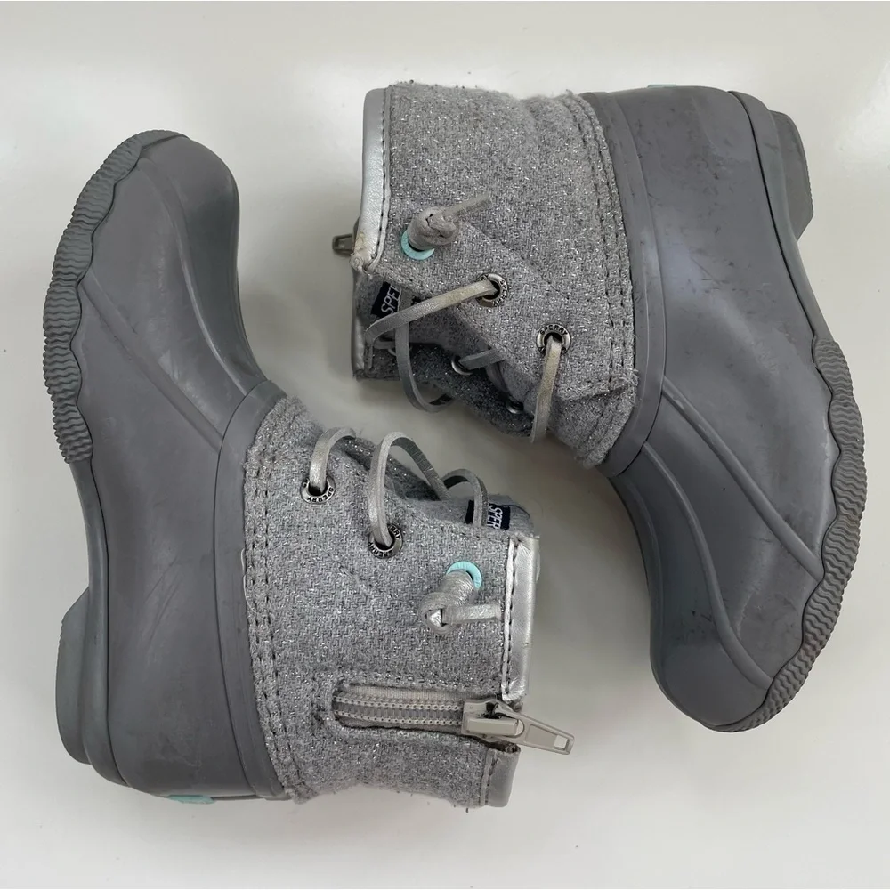 Sperry Top-Sider Kids Glitter Grey Gray Silver Saltwater Duck Boots Size 10